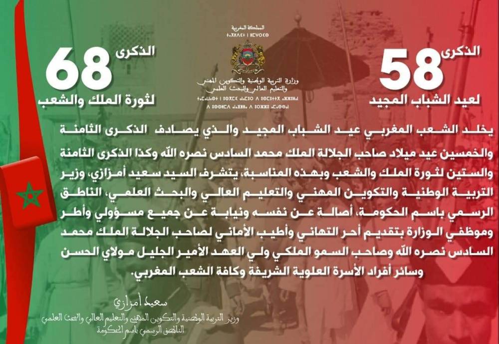 Message de félicitations à Sa Majesté le Roi Mohammed VI, que Dieu l’assiste, à l’occasion du 68e anniversaire de la Révolution du Roi et du Peuple, et la fête de la jeunesse